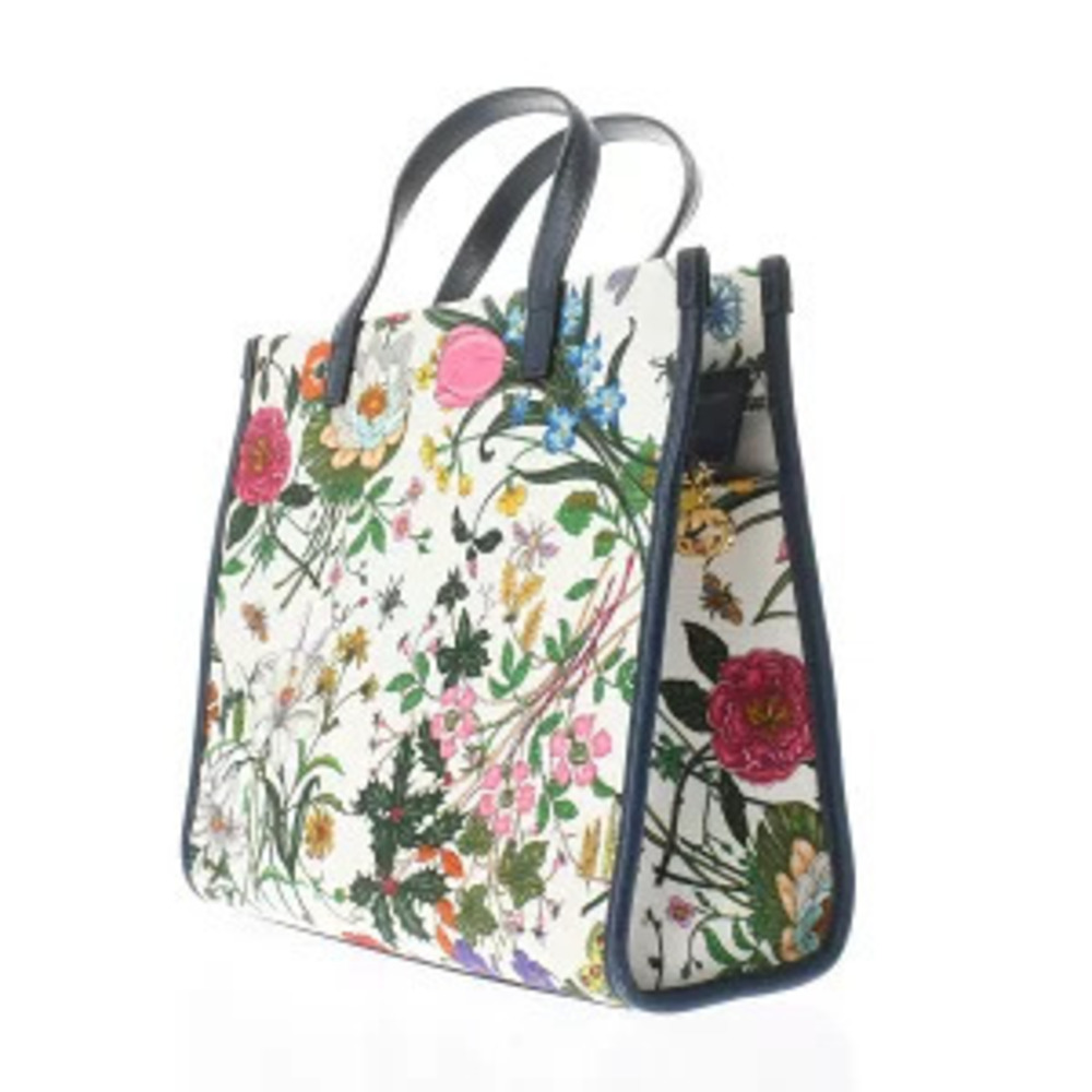Gucci Navy Bag Canvas Flower Tote Flora Blue White
